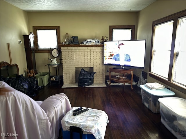 living room with a fireplace, wood-type flooring, and a healthy amount of sunlight