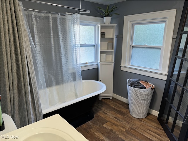 bathroom featuring a healthy amount of sunlight and hardwood / wood-style flooring