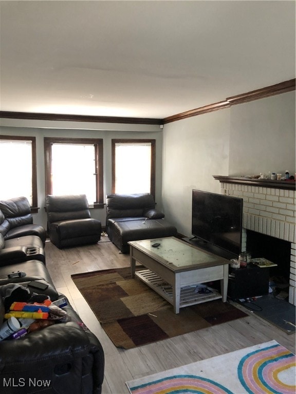 living room with a fireplace, ornamental molding, and hardwood / wood-style flooring