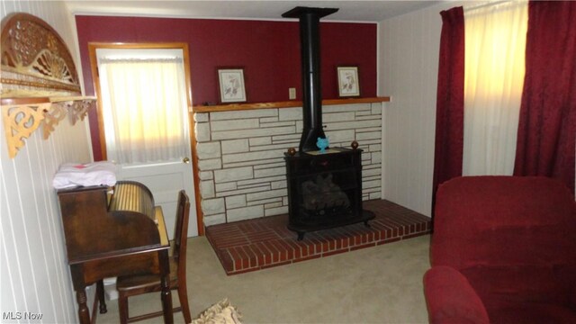 carpeted living room featuring a wood stove