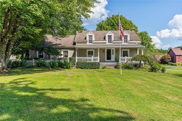 cape cod home featuring a front lawn and covered porch