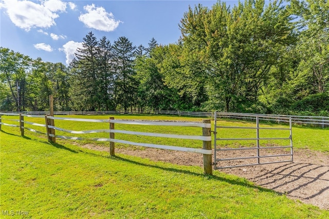 view of gate with a yard and a rural view