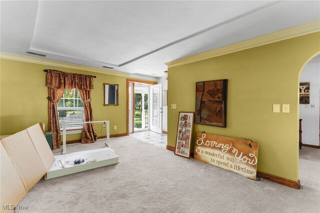 interior space with light carpet and crown molding