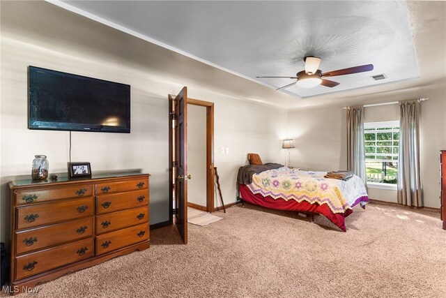 bedroom featuring carpet flooring and ceiling fan