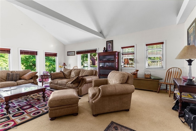 carpeted living room featuring beamed ceiling, high vaulted ceiling, and a healthy amount of sunlight