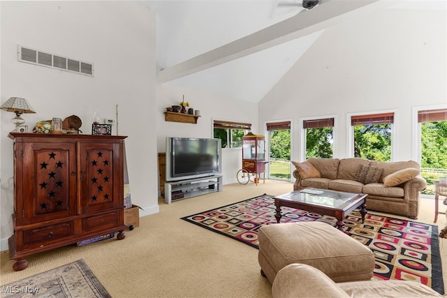 living room featuring beamed ceiling, carpet floors, and high vaulted ceiling