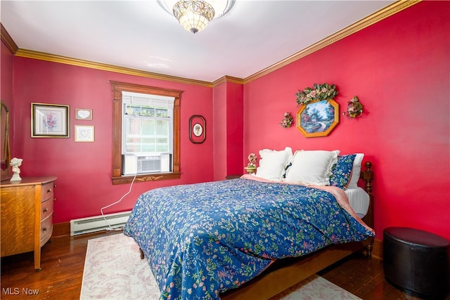 bedroom featuring a baseboard radiator, cooling unit, dark wood-type flooring, and crown molding