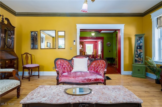 living room with ornamental molding and light hardwood / wood-style floors