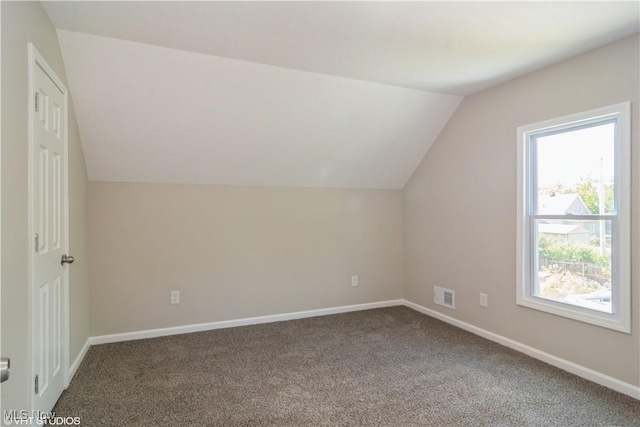 additional living space with lofted ceiling, carpet, visible vents, and baseboards