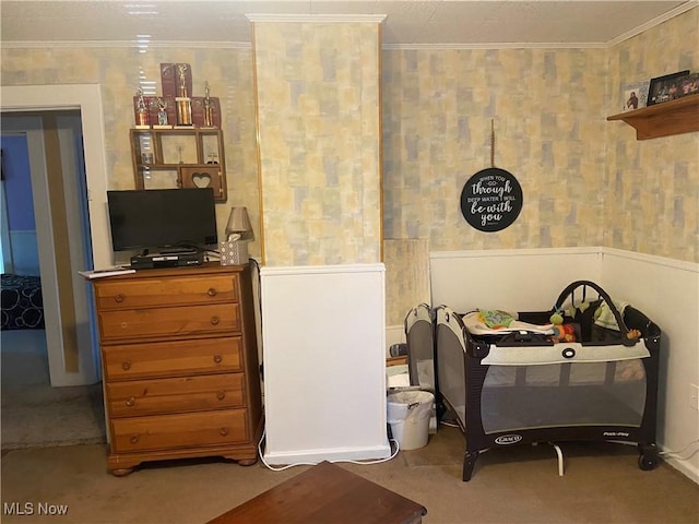 interior space featuring light colored carpet and crown molding