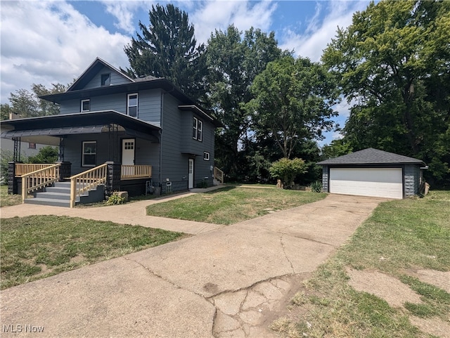 view of front of property featuring a garage, a porch, a front lawn, and an outdoor structure