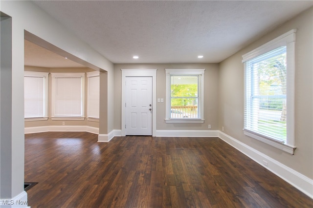 entryway with a textured ceiling, dark wood-type flooring, and plenty of natural light