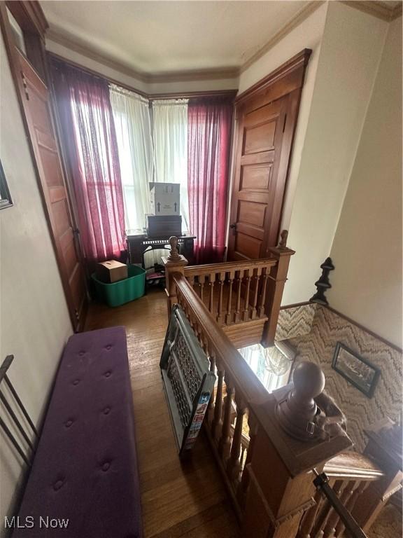 dining room featuring dark hardwood / wood-style floors and crown molding