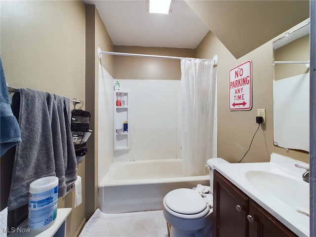 full bathroom featuring toilet, shower / bath combination with curtain, and vanity