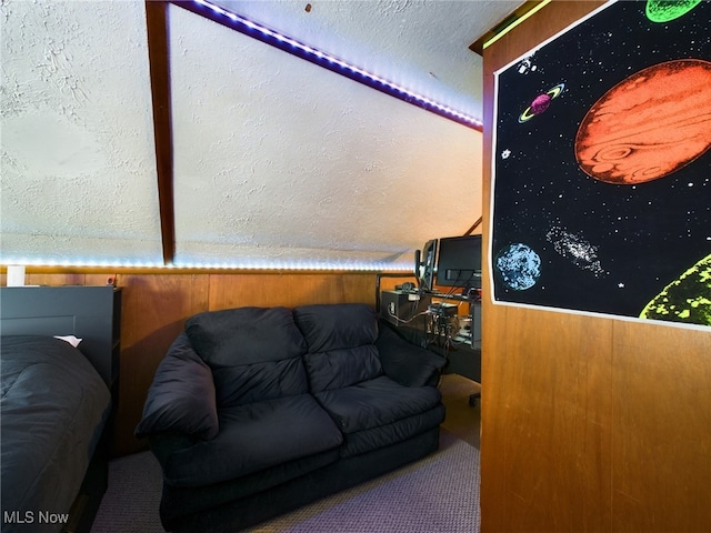 living room featuring a textured ceiling and carpet flooring