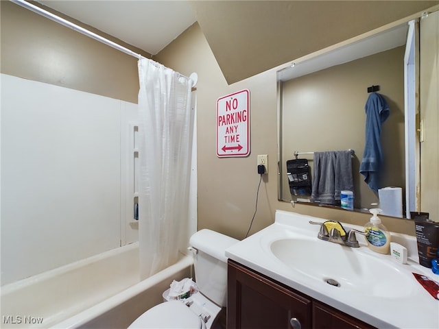 full bathroom with vanity, vaulted ceiling, toilet, and shower / bath combo