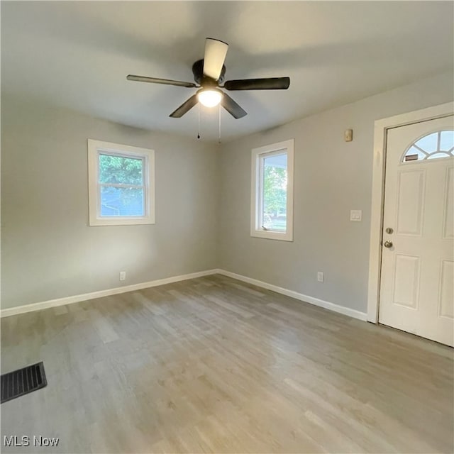 foyer featuring ceiling fan and wood-type flooring