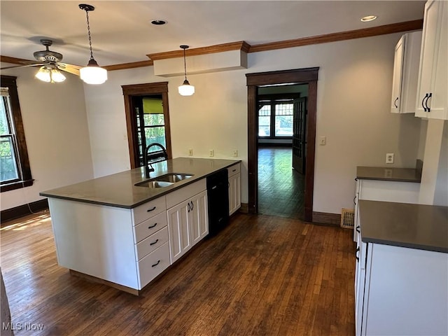2572-2574 Mayfield Rd, Cleveland Heights, OH 44106 - kitchen with dark countertops, dishwasher, a peninsula, dark wood-type flooring, and ornamental molding