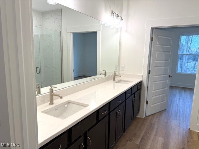 bathroom featuring wood-type flooring, an enclosed shower, and vanity