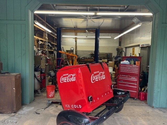 garage featuring a workshop area