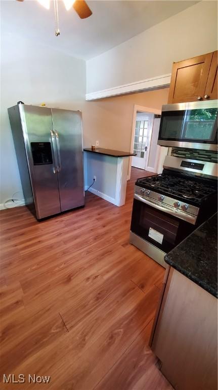 kitchen featuring appliances with stainless steel finishes, light hardwood / wood-style flooring, and ceiling fan