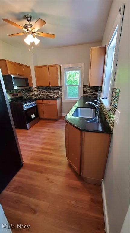 kitchen featuring light wood-type flooring, ceiling fan, sink, and stainless steel appliances