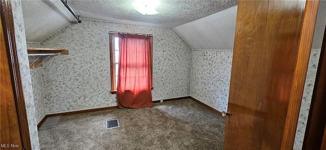 additional living space featuring a textured ceiling, visible vents, baseboards, vaulted ceiling, and carpet