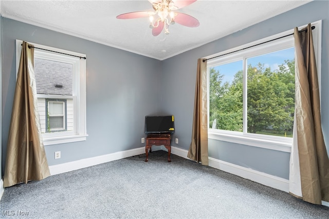 unfurnished room featuring ceiling fan, a wealth of natural light, and carpet floors