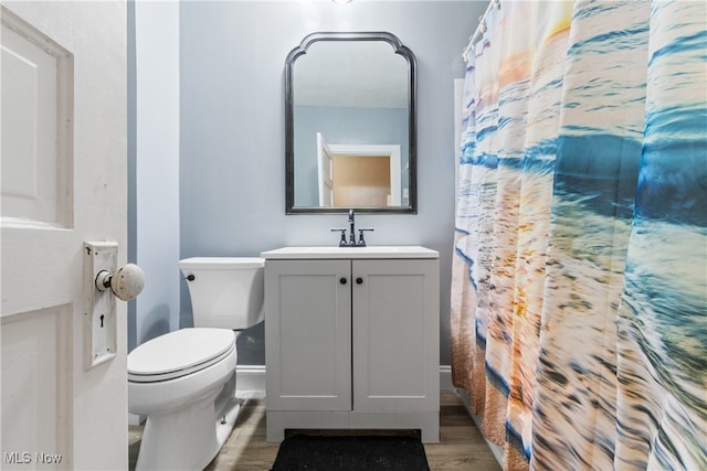 bathroom with vanity, hardwood / wood-style floors, toilet, and curtained shower