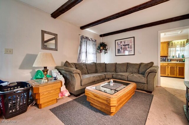 carpeted living room featuring beamed ceiling