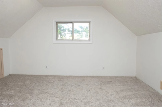 additional living space featuring vaulted ceiling and carpet flooring