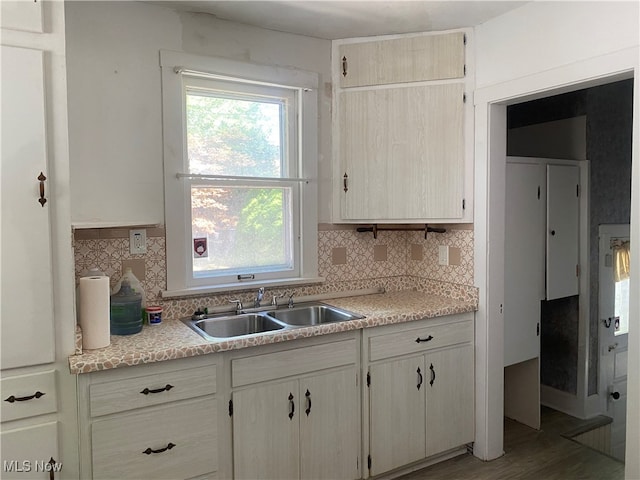 kitchen featuring backsplash, sink, hardwood / wood-style flooring, and light brown cabinetry