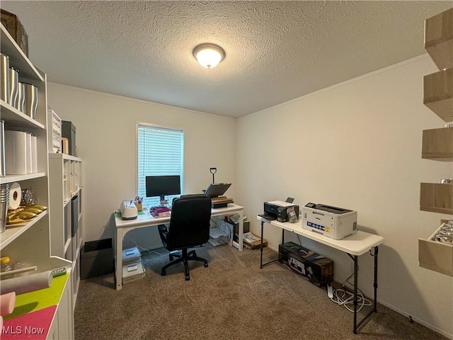 office area with a textured ceiling and carpet floors