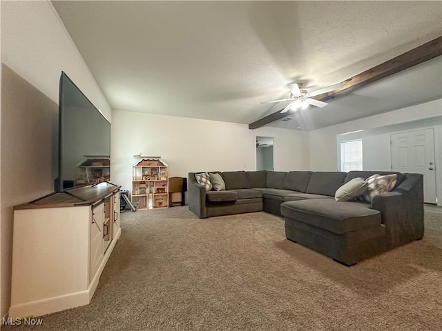 carpeted living area featuring a textured ceiling and a ceiling fan