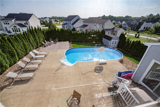 view of pool featuring a patio and a shed