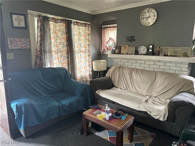 carpeted living room with ornamental molding