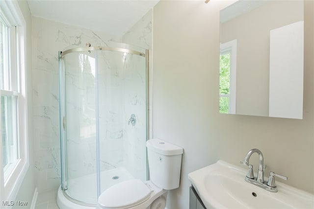 bathroom with toilet, vanity, and walk in shower