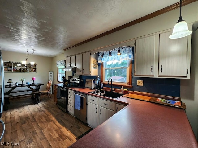 kitchen featuring pendant lighting, stainless steel appliances, dark hardwood / wood-style floors, and sink