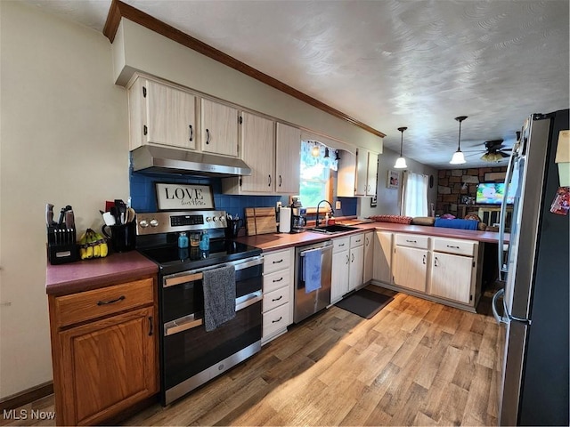 kitchen featuring sink, hanging light fixtures, light wood-type flooring, ceiling fan, and stainless steel appliances