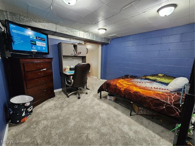 bedroom featuring light colored carpet