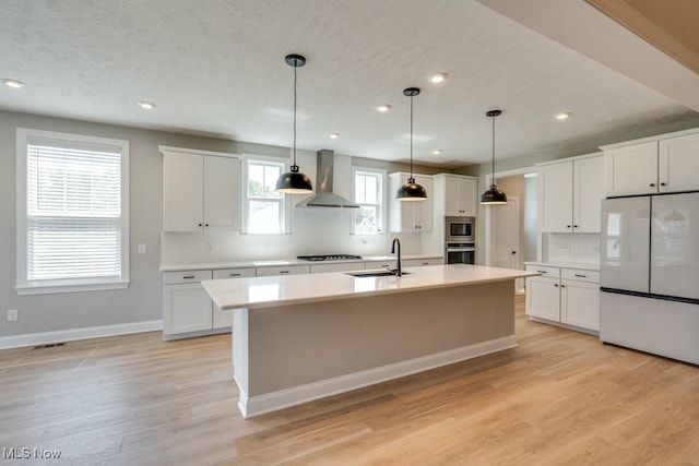 kitchen with stainless steel appliances, light hardwood / wood-style floors, white cabinetry, and wall chimney exhaust hood