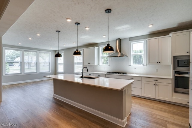 kitchen with stainless steel appliances, light hardwood / wood-style floors, white cabinetry, wall chimney exhaust hood, and sink