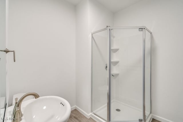 bathroom featuring a shower with shower door, sink, and wood-type flooring