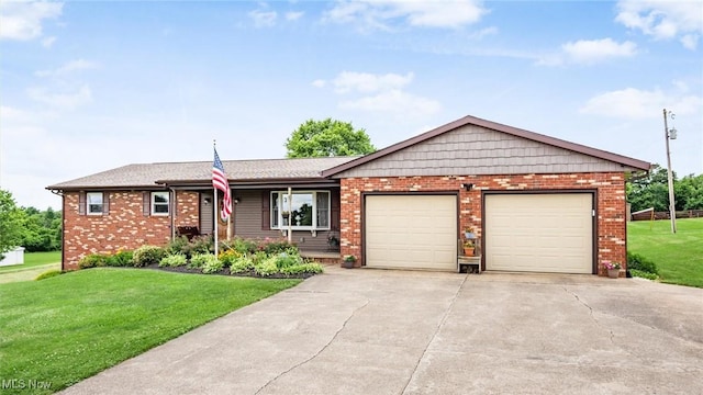 ranch-style house with brick siding, driveway, an attached garage, and a front lawn