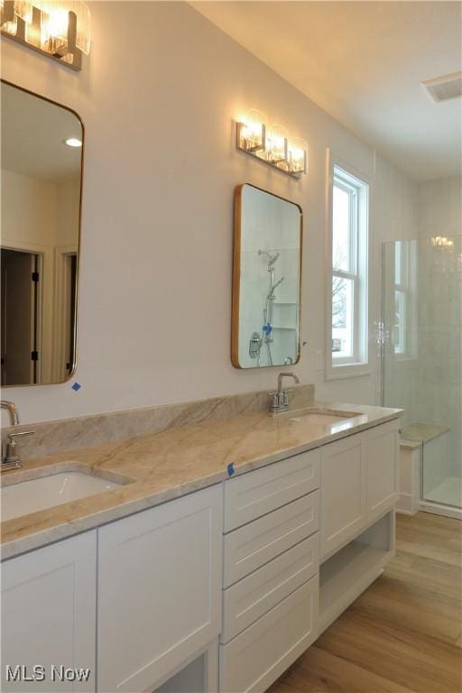 full bath featuring wood finished floors, double vanity, a sink, and walk in shower