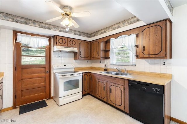 kitchen with light tile patterned flooring, sink, electric stove, dishwasher, and ceiling fan