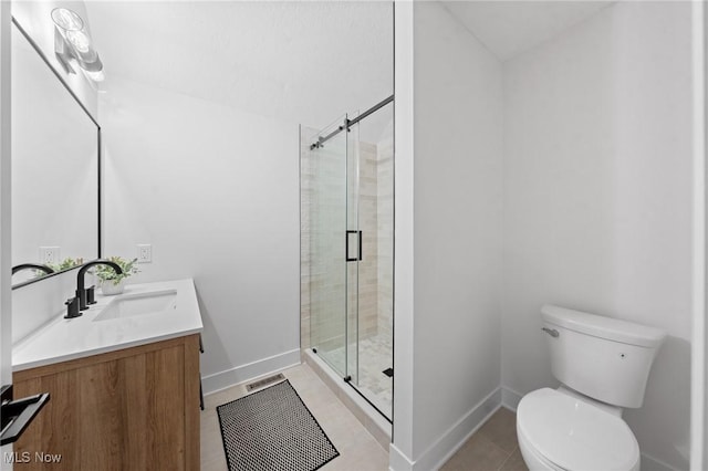 bathroom featuring vanity, visible vents, tile patterned flooring, a shower stall, and toilet