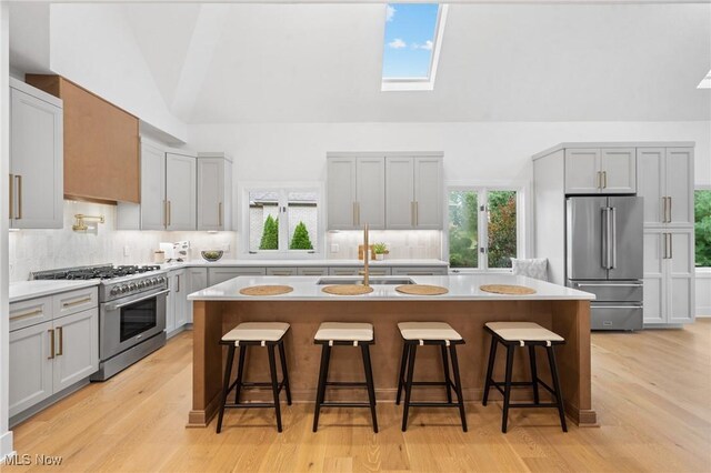 kitchen with vaulted ceiling with skylight, high quality appliances, gray cabinetry, and tasteful backsplash