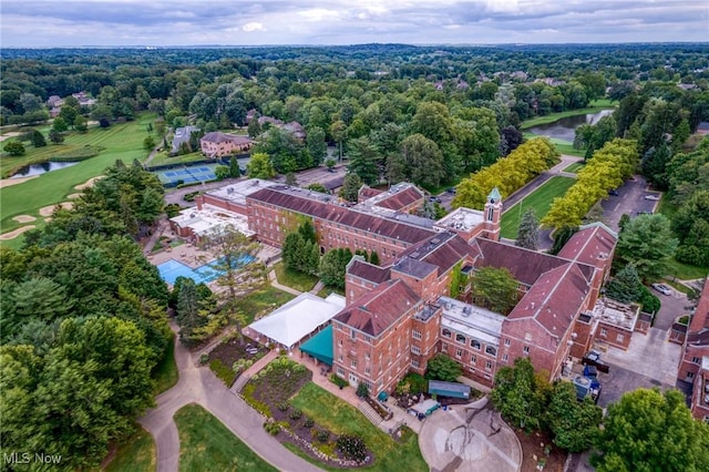 aerial view with a water view and golf course view