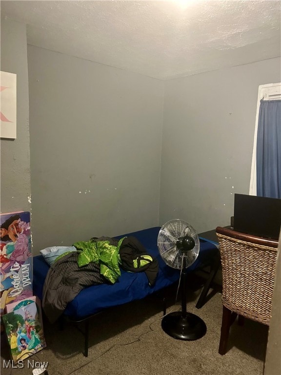 bedroom with a textured ceiling and carpet floors